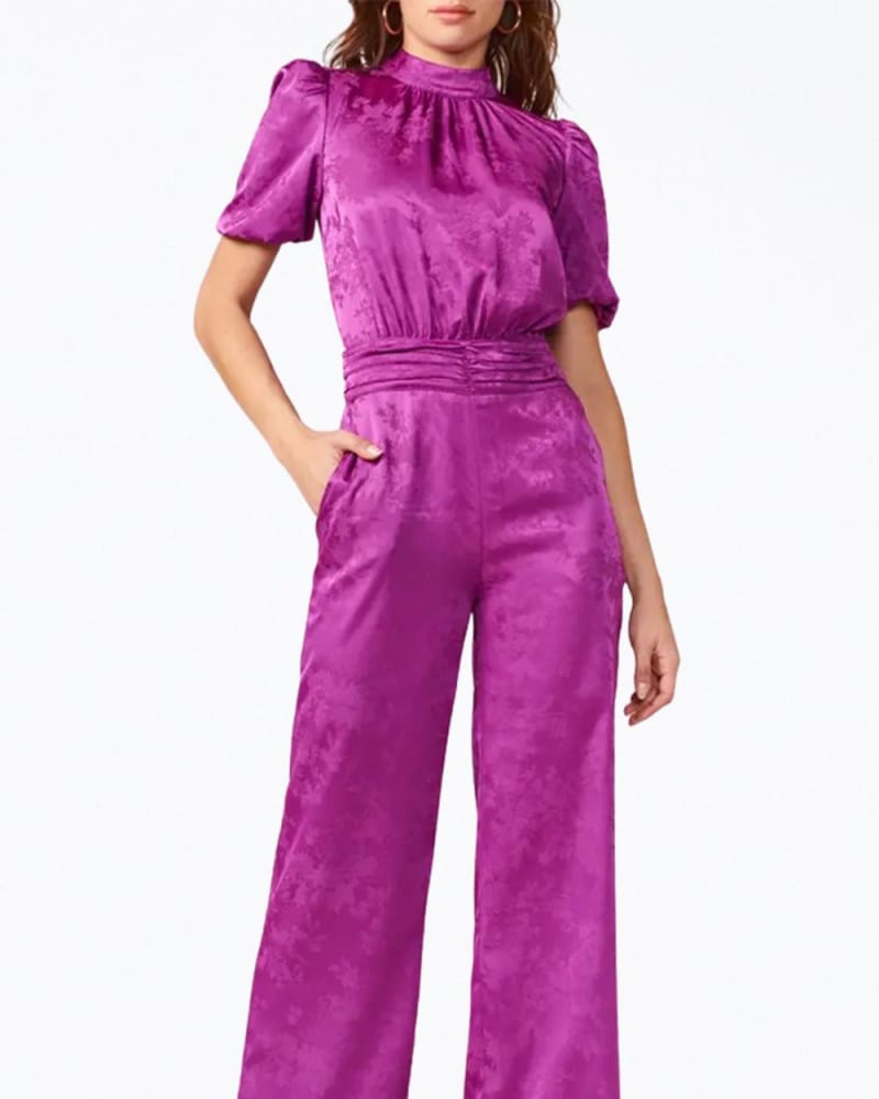 Front of a model wearing a size L Theo Open-Back Sateen Jacquard Jumpsuit in Purple in Purple by Adelyn Rae. | dia_product_style_image_id:346471